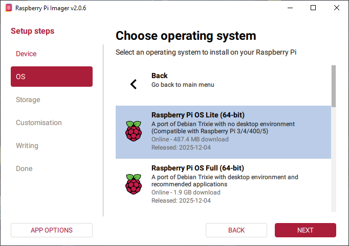 Choose Raspberry Pi OS Lite (64-bit)
